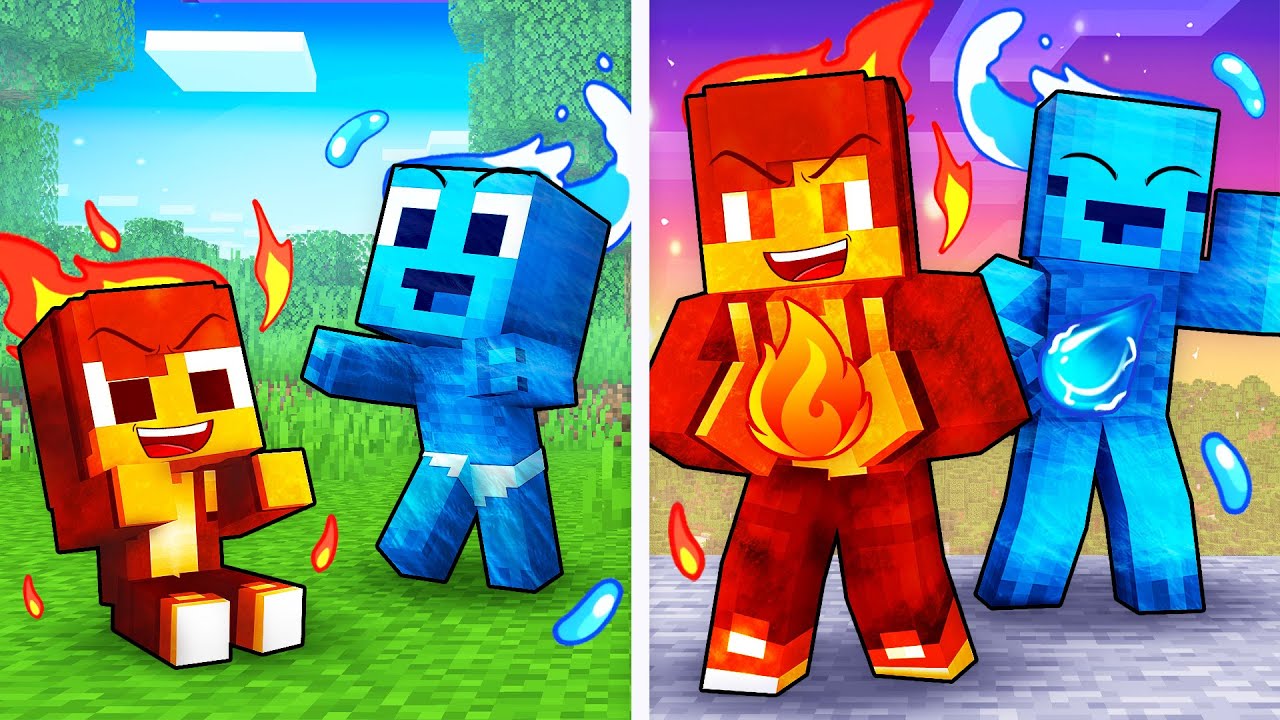 JJ and Mikey: ELEMENTAL Water & Lava Life Cycle Evolution in Minecraft - Maizen