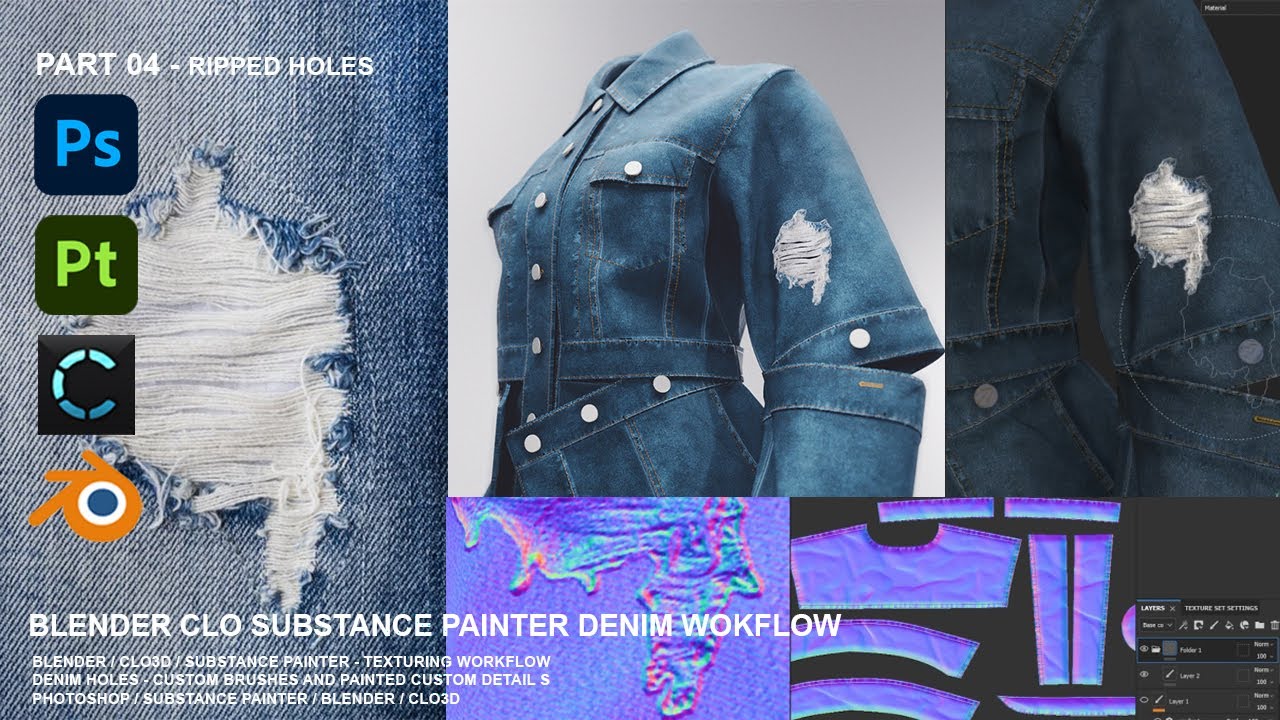 Clo3D Джинсовая ткань с рваными дырками — Photoshop, Substance Painter Clo3d + Blender — пользова...