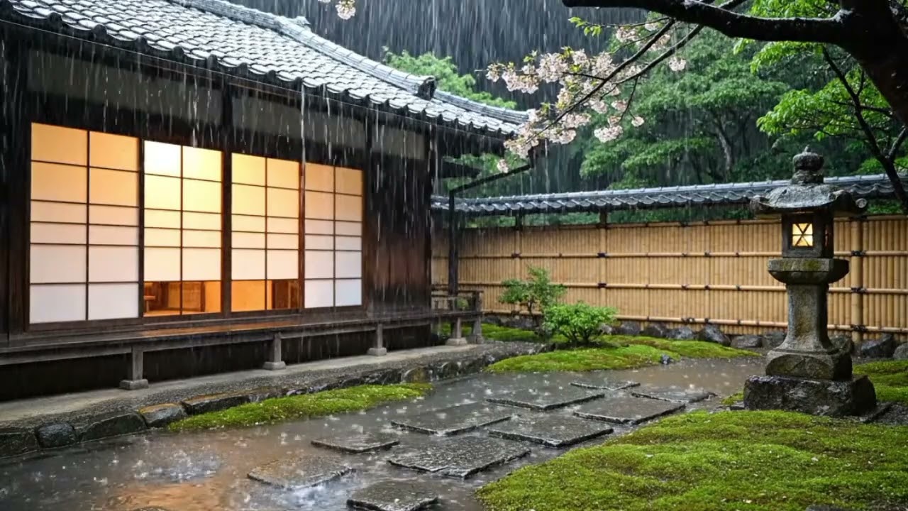 Heavy Rain on a Traditional Japanese Tea House – Calm Night Rain Sounds for Deep Sleep