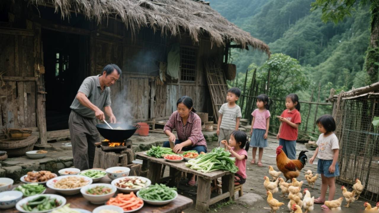 【一家七口隐居深山】丑爸爸给孩子们带人参果吃，还给孩子们做饭，一家人其乐融融！#农村生活#亲子