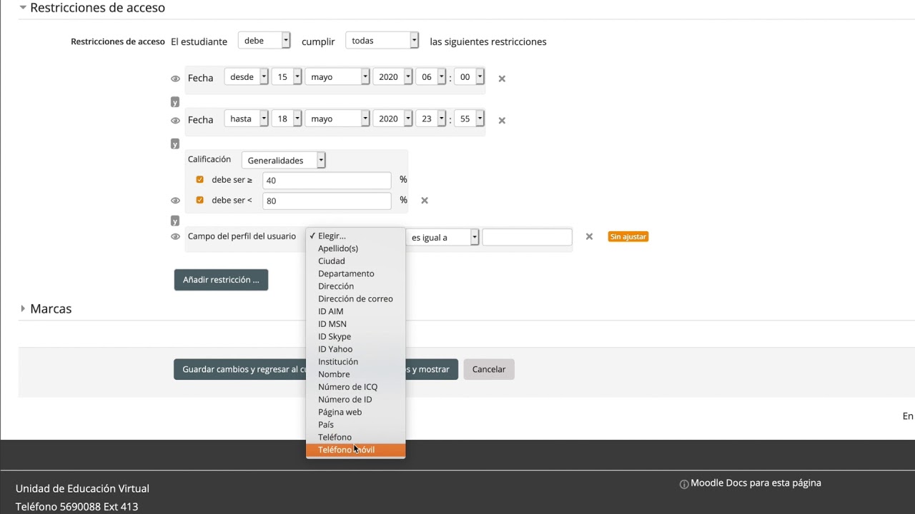 Tutorial para configurar las restricciones de acceso a cuestionarios en la plataforma Moodle