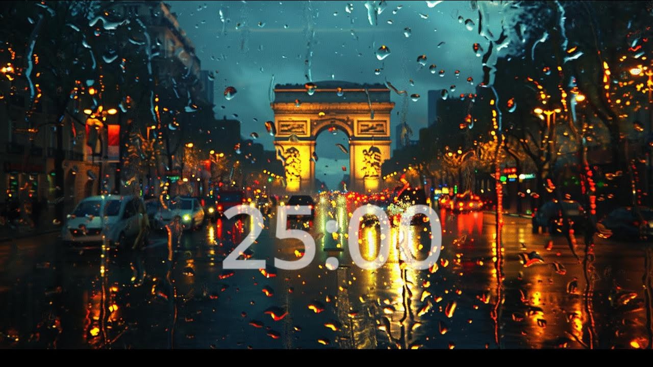 25-Min POMODORO for Studying & Focus | Night Rain Ambiance in Paris, Arc de Triomphe 🌧️