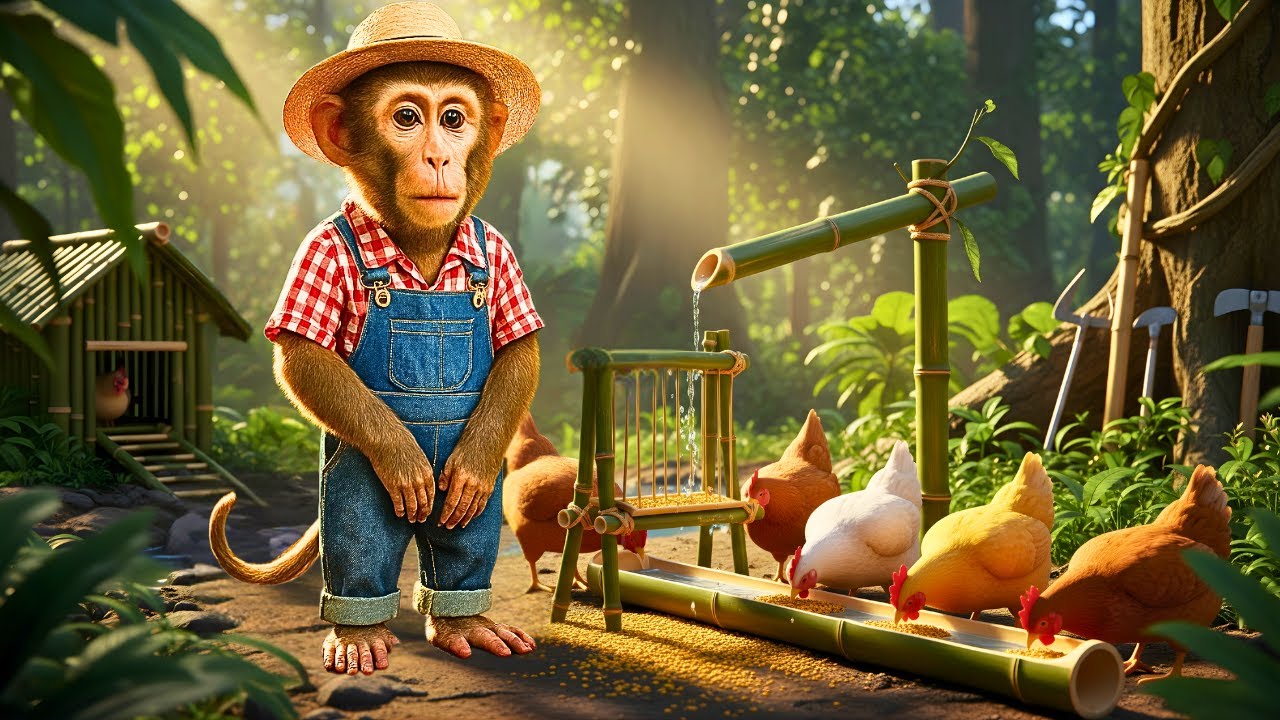 Bliss the Monkey Builds a Bamboo Chicken Feeder & Water System 🐒🐔💧 Smart Jungle DIY!