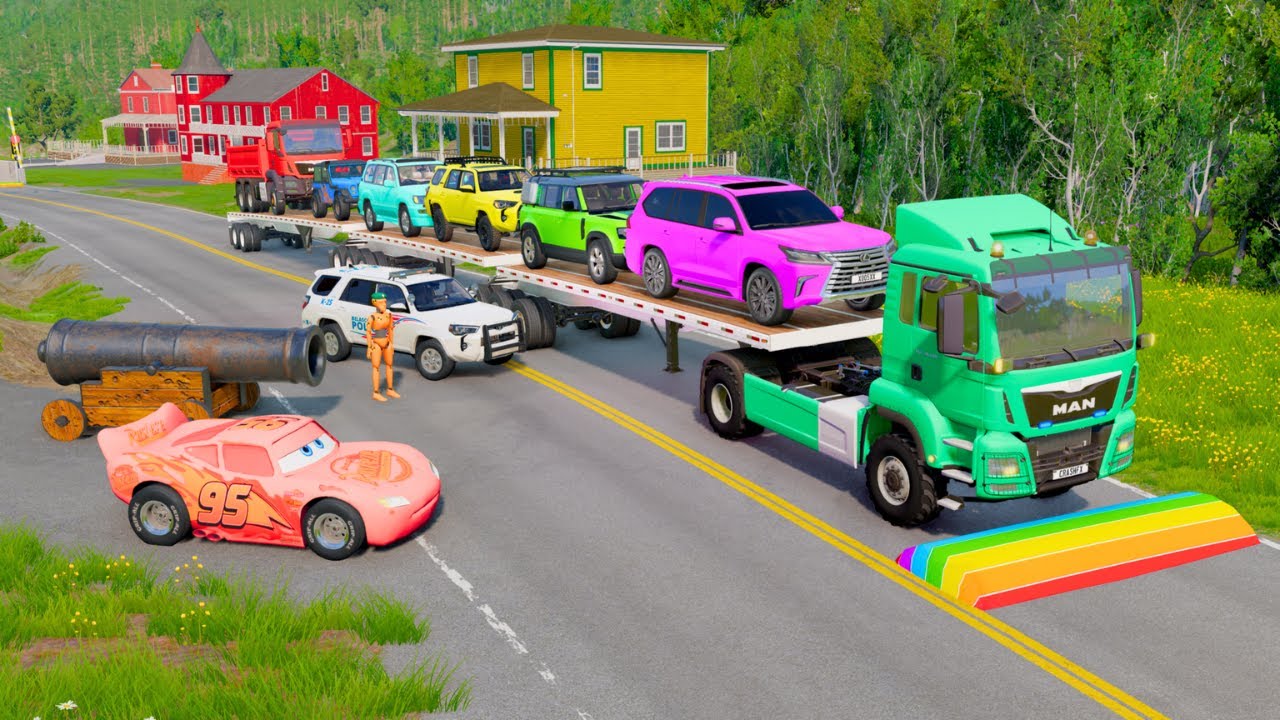 Flatbed Trailer Cars Transportation with Truck - Speedbumps vs Cars vs Train - BeamNG.Drive