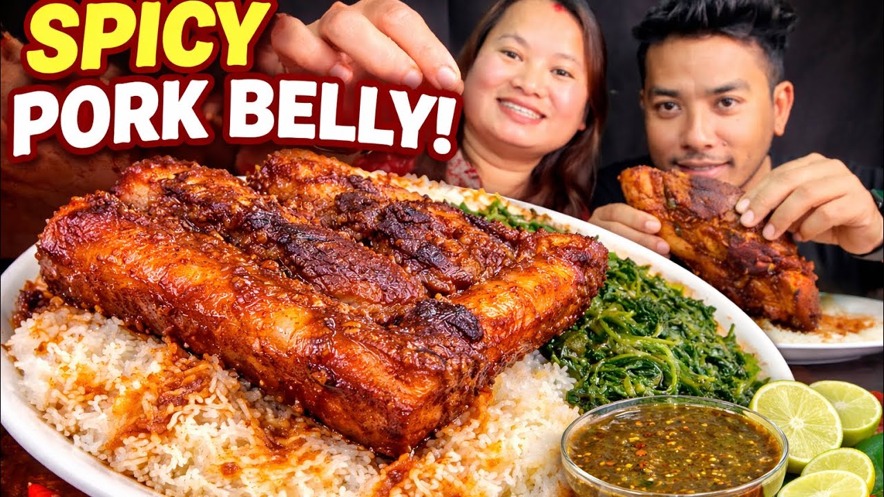 EATING BRAISED PORK BELLY with WHITE RICE, SAAG, spicy🔥Achar || MUKBANG || EATING SHOW #mukbang 
