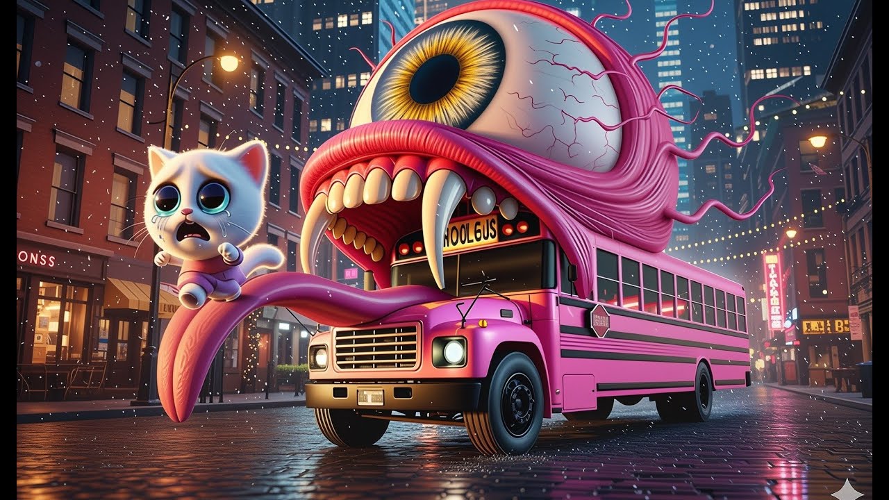 The kitten suddenly encountered a mutated big eyed school bus