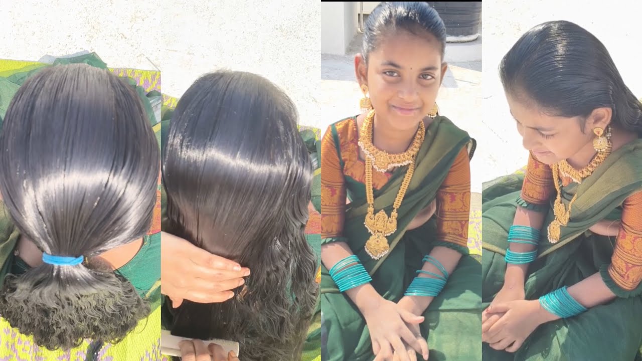 New daughter in saree + ornaments + oiled hair combing sleek ponytail making and combing oiled hair