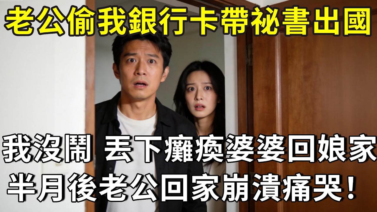 老公偷走我銀行卡，帶實習女祕書出國旅行，我沒鬧，丟下癱瘓婆婆回了娘家，半個月後老公回到家崩潰痛哭！#小說 #人生感悟 #故事分享 #故事頻道 #情感故事 #情感