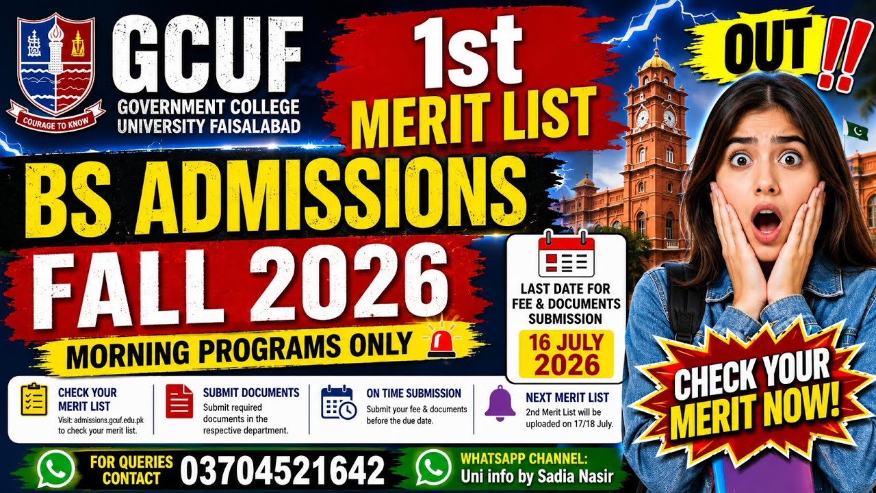 GCUF 1st merit list 2026 of all BS degree programs| expected merit of 2nd merit list| closing merit 
