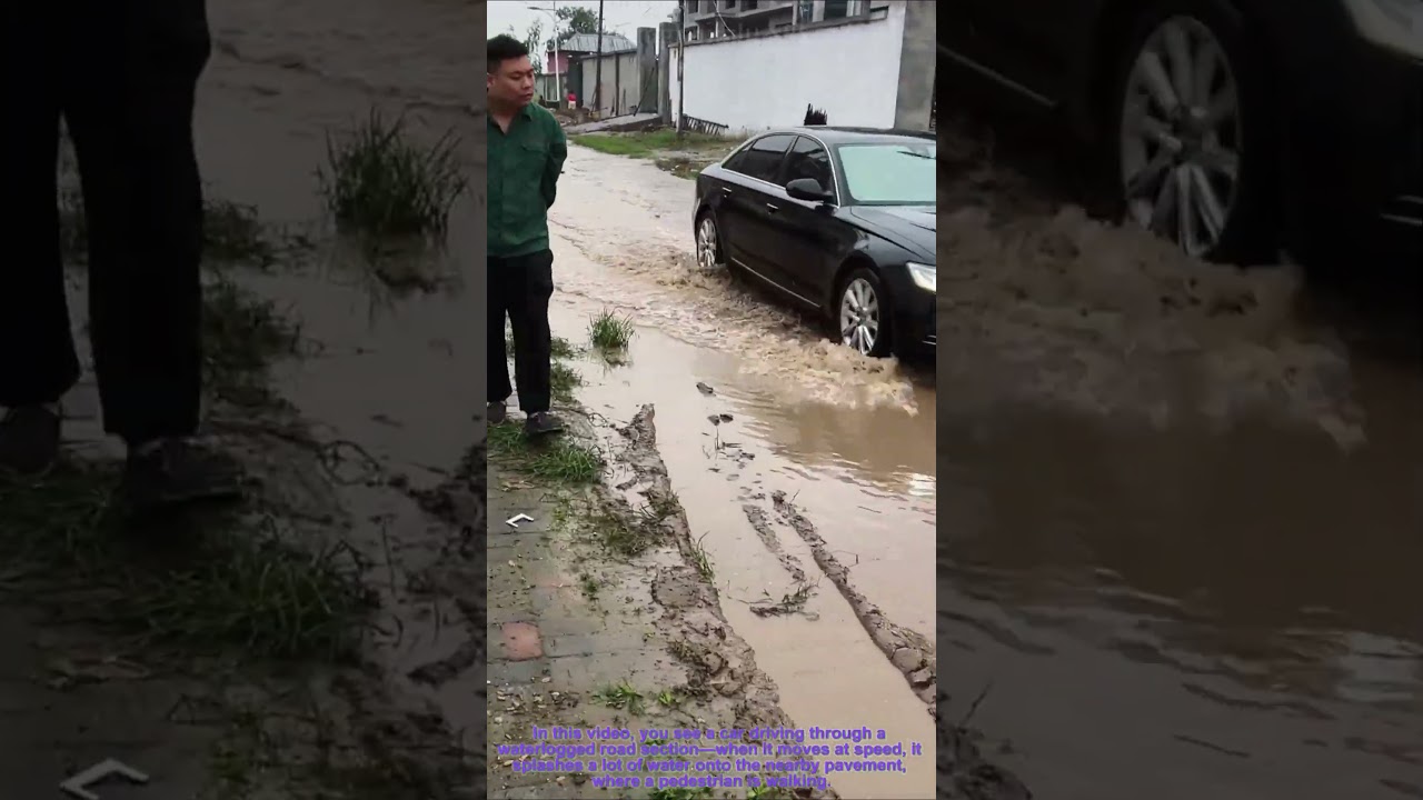 Driving Through Flooded Road: Slow Down to Avoid Splashing Pedestrians