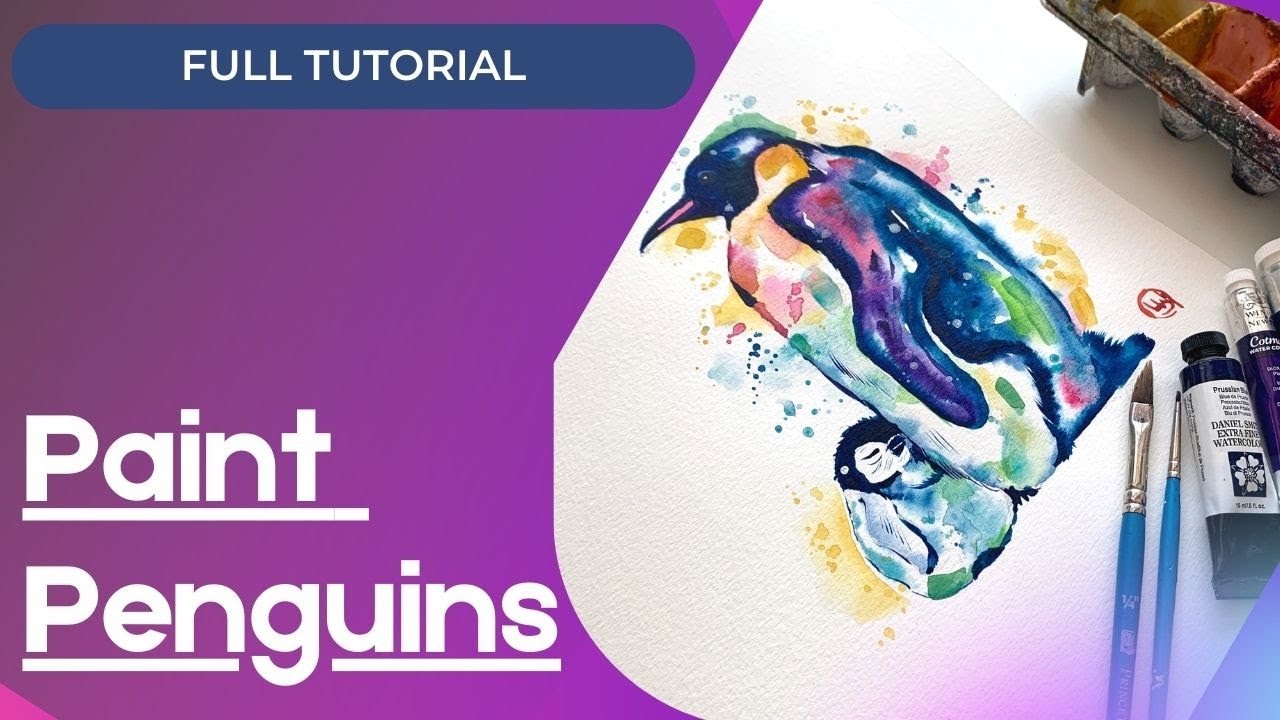 Penguin Mom and Baby - Watercolor Painting Tutorial For Beginners