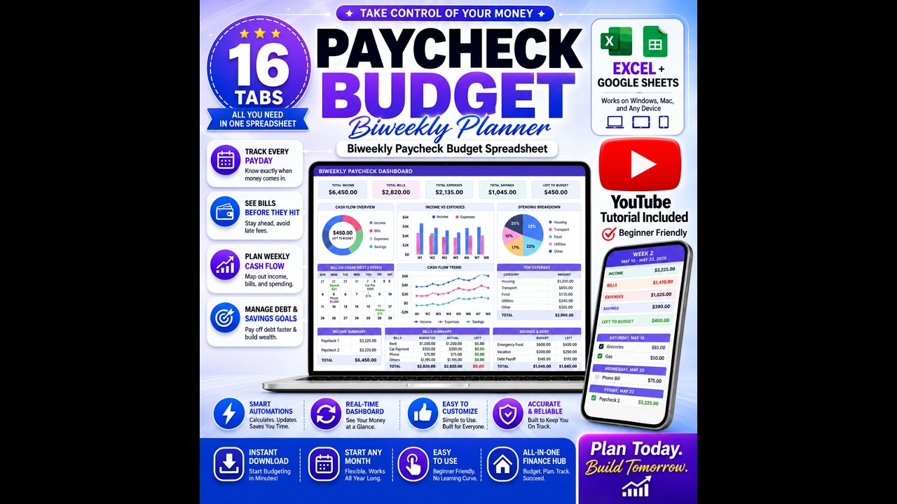 Paycheck Budget Spreadsheet | Biweekly Budget Planner for Excel & Google Sheets | 16 Tabs