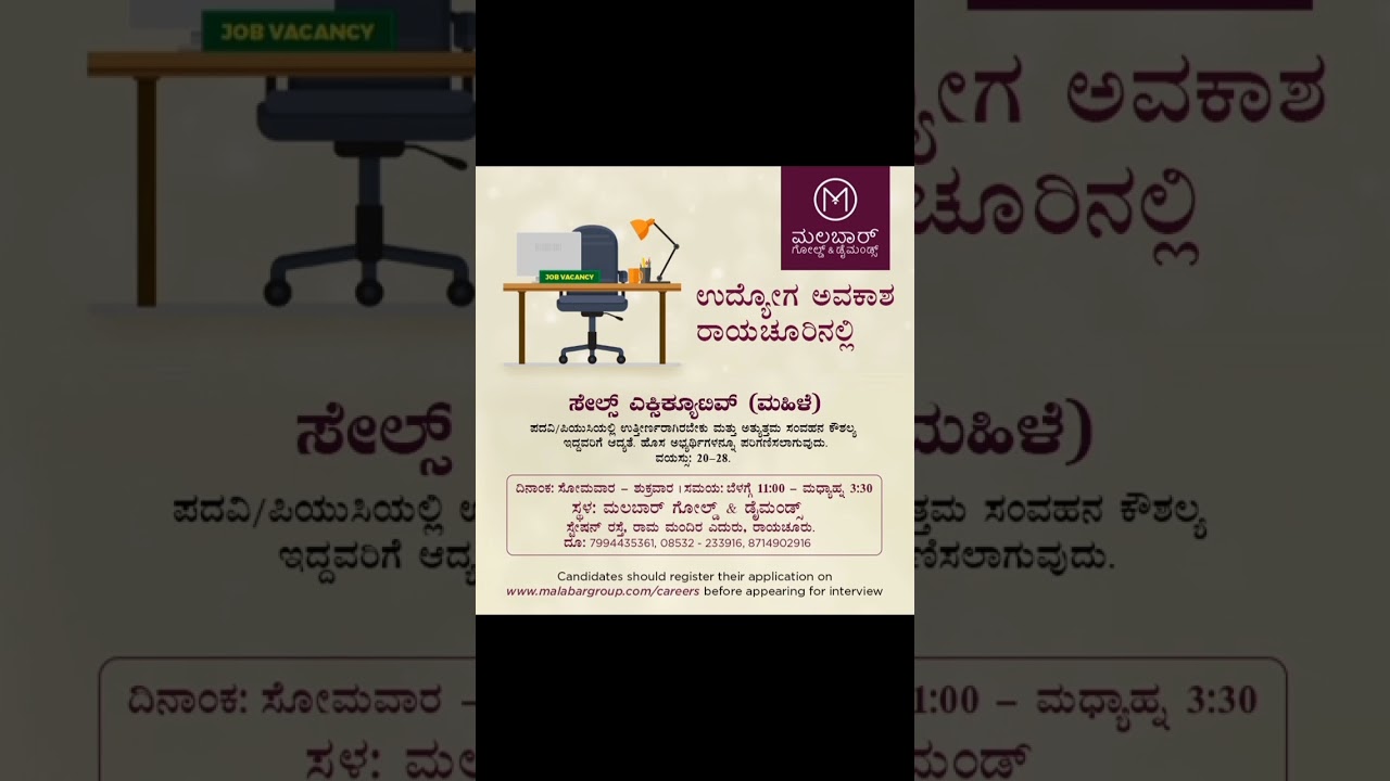 Local Jobs in Raichur Karnataka!! Jobs in Malabhar gold and Diamonds Raichur
