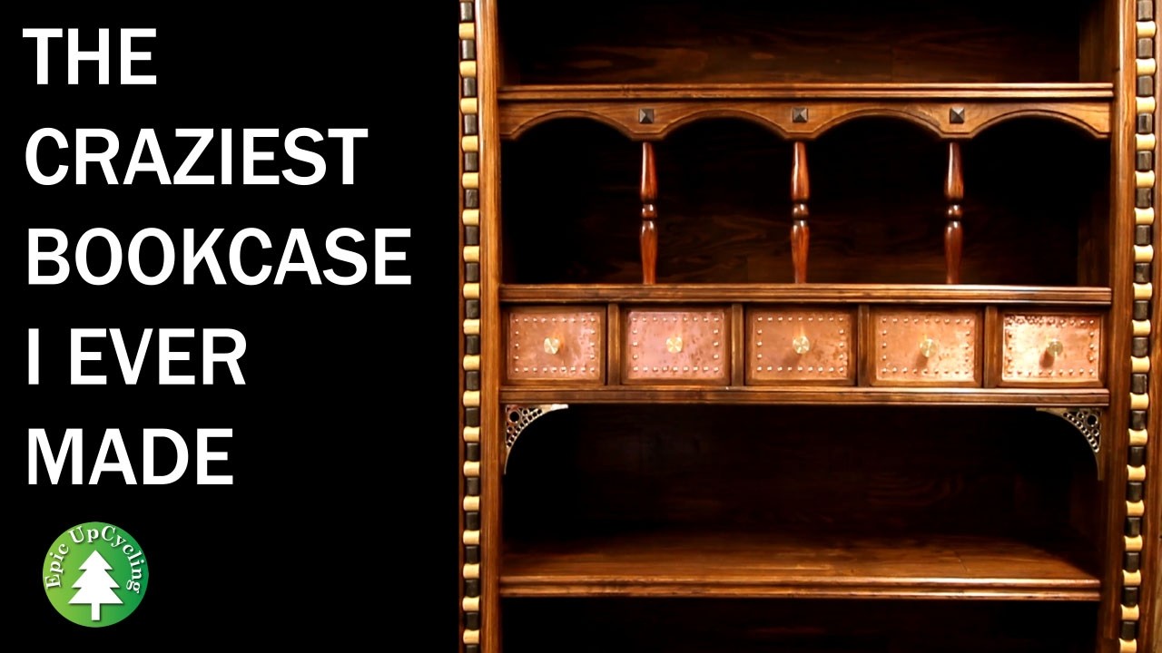 Steampunk Industrial Bookcase made of Pallet Wood, Scrap Copper, Brass, and Up-Cycled Junk.