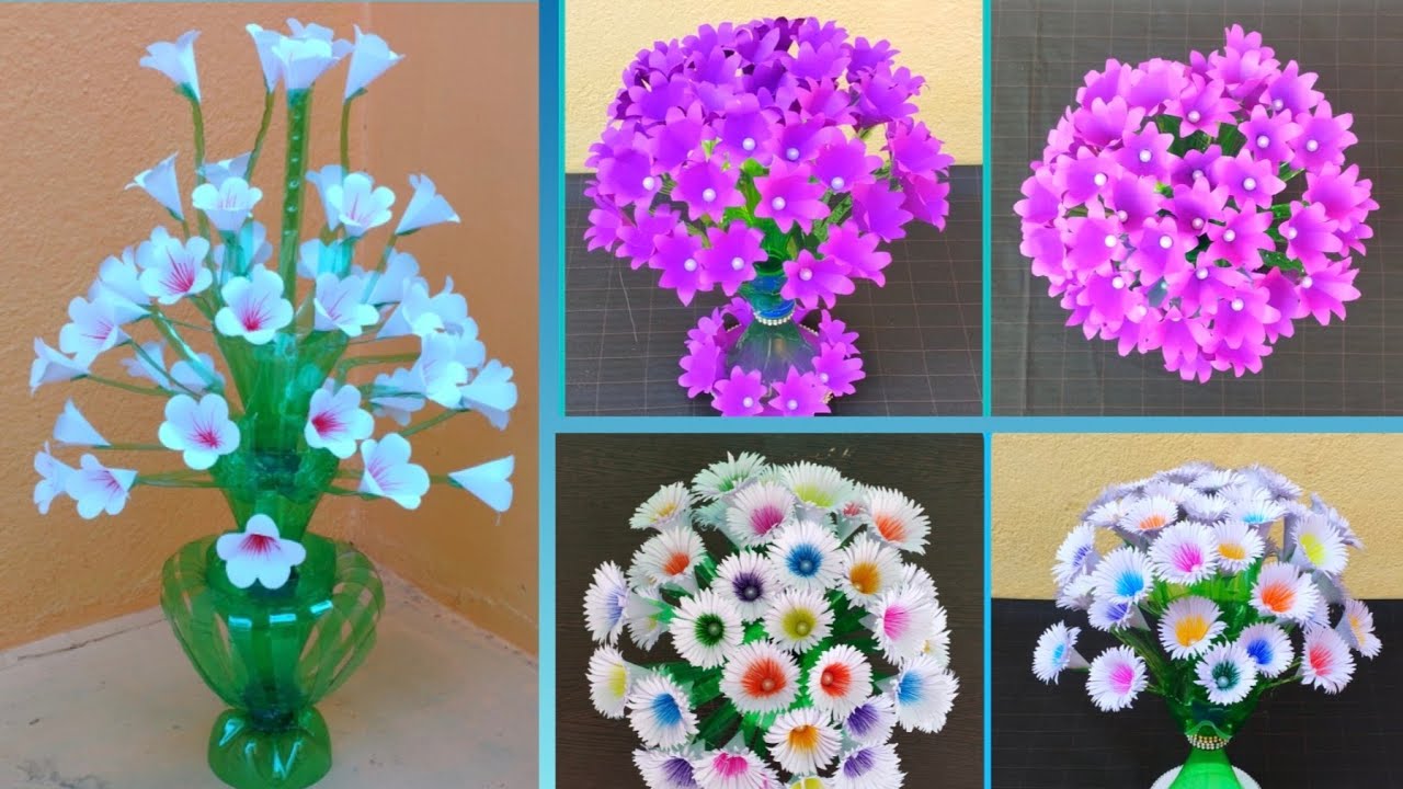 3 Plastic Bottle With Paper Flower Bouquet Craft || Plastic Bottle Craft Ideas