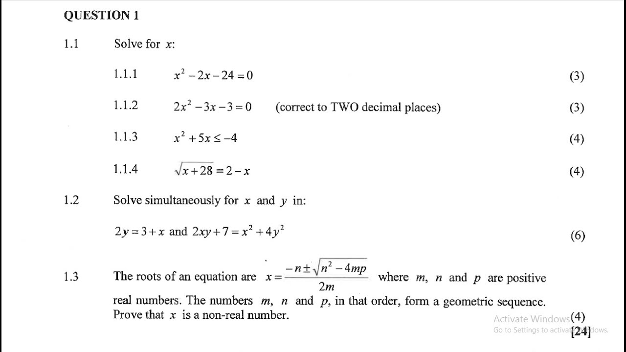B | NOVEMBER 2021 GRADE 12 MATHEMATICS P1 - SOLVE FOR X , QUADRATIC EQUATIONS : QUESTION 1 | PAPER 1