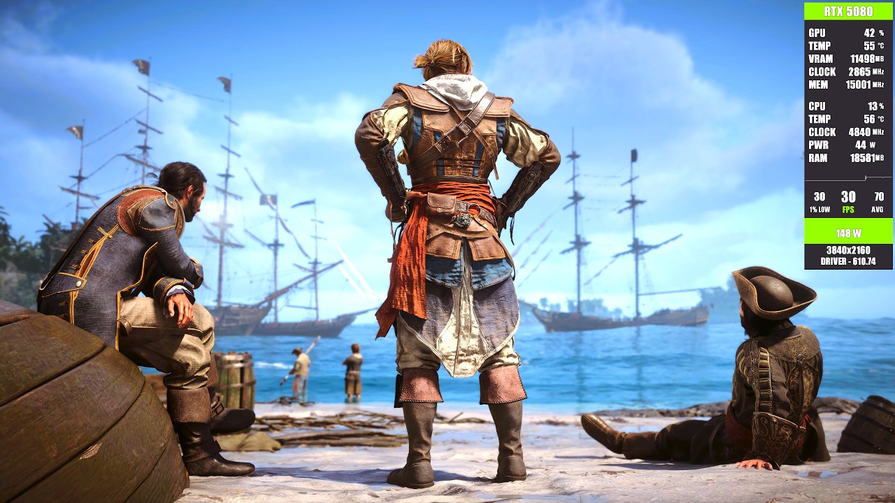 AC Black Flag Resynced: Оптимальные настройки, RTX 5080, 4K, трассировка лучей / DLSS ВКЛ