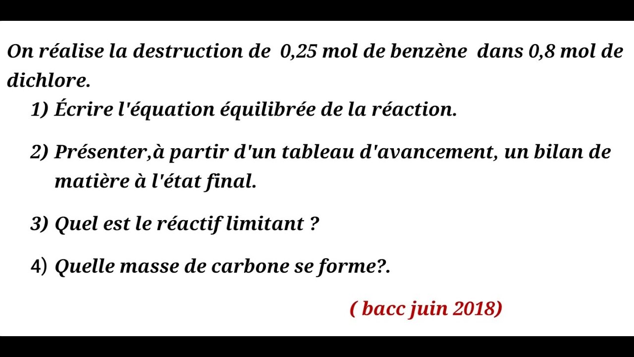 Chimie // tableau d'avancement// correction problème bacc 2018