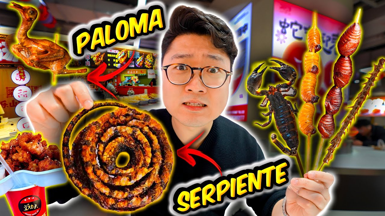 PROBANDO COMIDA CALLEJERA en CHINA - comen PALOMA y SERPIENTE