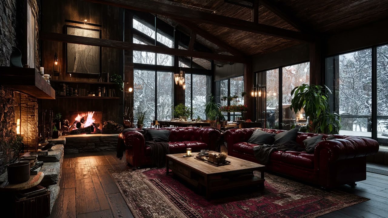 Soul-Warming Winter Room Sounds with Snow Wind Outside and Soft Fireplace Crackling Inside