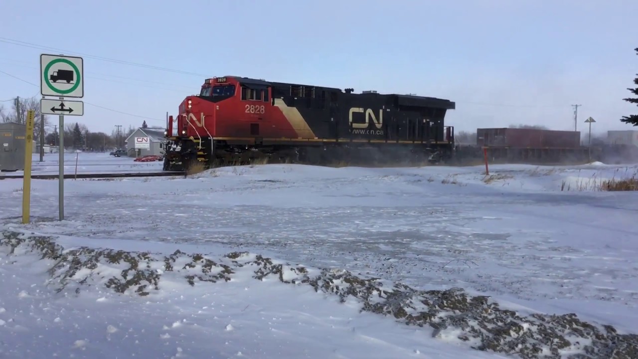 CN 2828 Leads Intermodal Westbound Through Portage La Prairie, MB (01/27/2018)