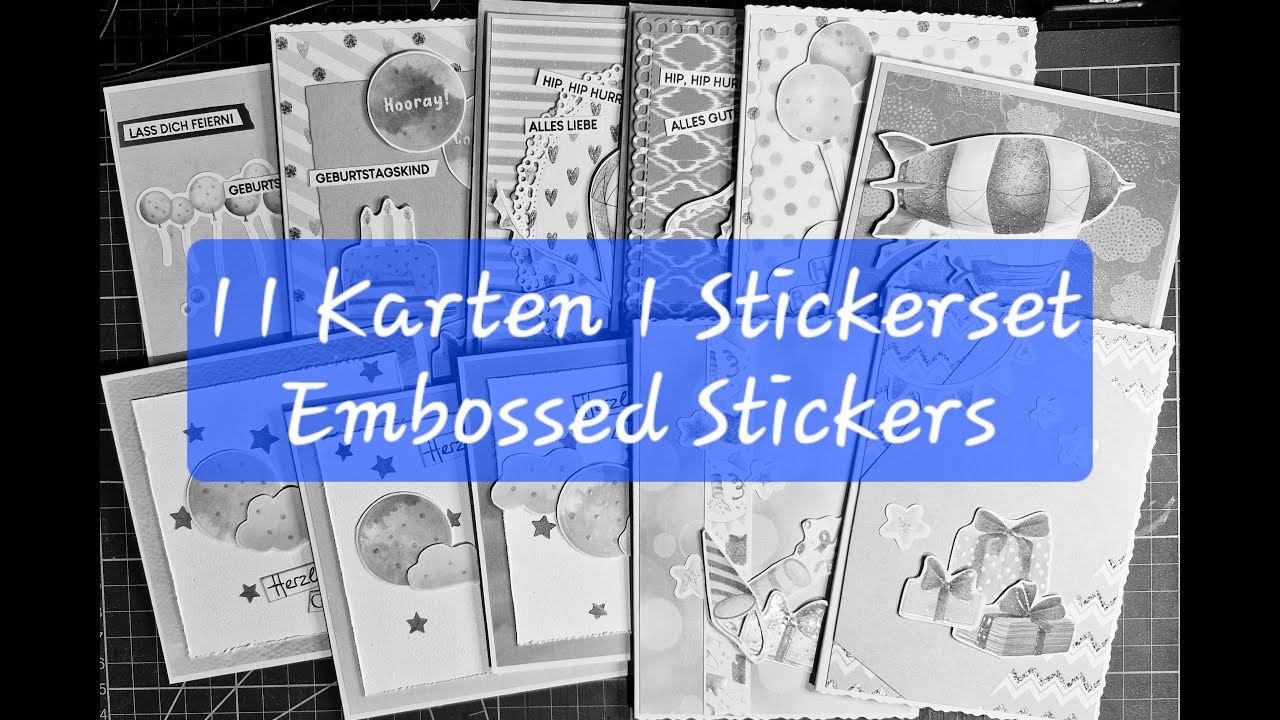 Karten basteln / 11 Karten 1 Stickerset von Action /Embossed Stickers/ Action Craft /Decotime Crafts
