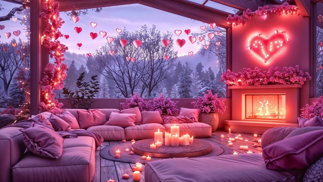 💘Cozy Valentine’s Pink Snow Porch 💕 Soft Cozy Jazz, Warm Fireplace Ambience for Relax, Stress Relief