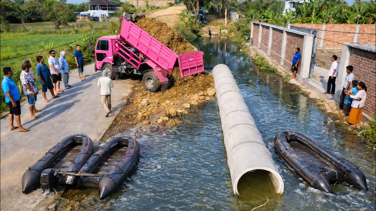 First Start Delete Drainage Near Road By 5 T Truck Dumping & Bulldozer Pushing Soil