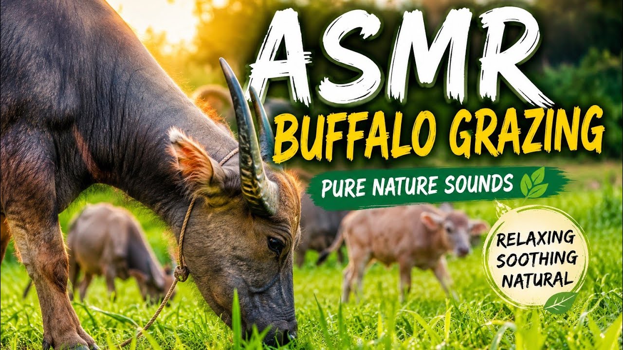Close-Up Buffalo Grazing Green Field Scene | ASMR Sounds #BuffaloGrazing #ASMRNatureSounds 