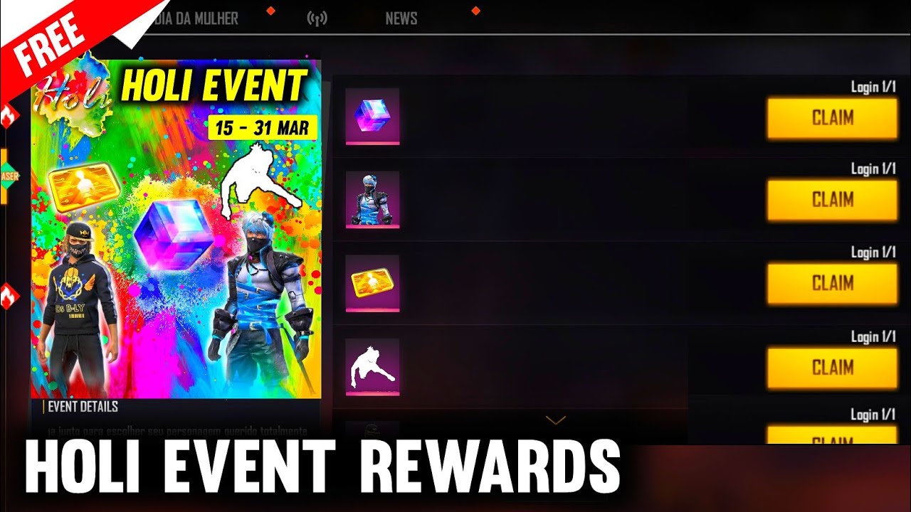 HOLI EVENT REWARDS IN FREE FIRE 2021 🎁