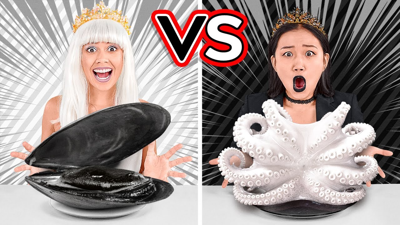 BLACK VS WHITE COLOR CHALLENGE! Fun Eating Everything In 1 Color For 24 Hours By 123 GO! CHALLENGE