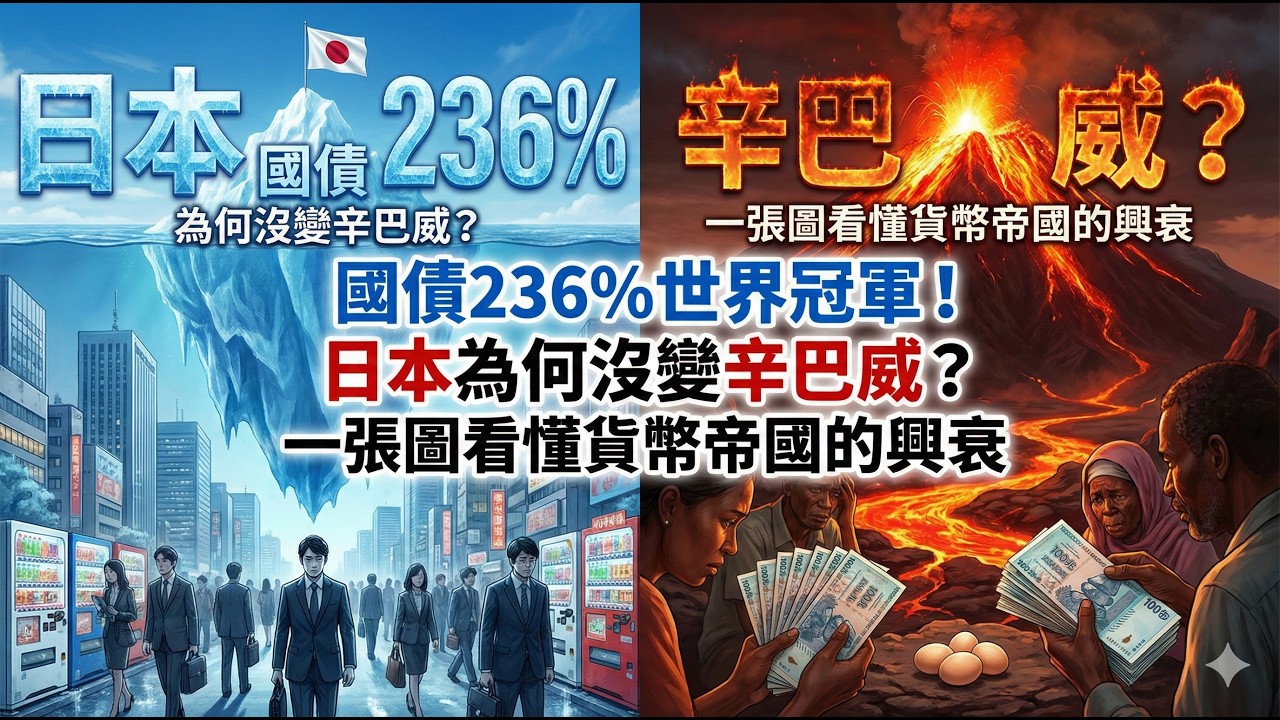 國債236%世界冠軍！日本為何沒變辛巴威？一張圖看懂貨幣帝國的興衰 #日本經濟 #通貨膨脹 #辛巴威幣 #印鈔機 #國債 #GDP #日幣貶值 #經濟泡沫 #資產負債表衰退 #投資理財 #貨幣政策