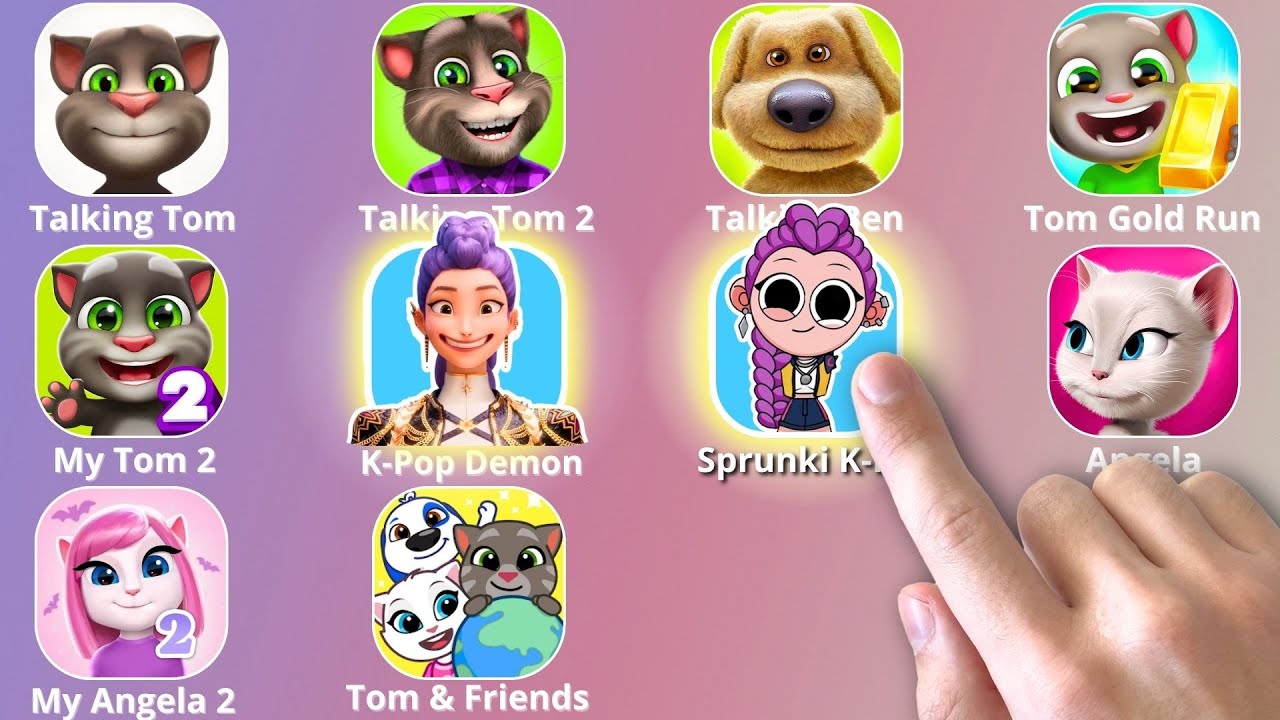 Talking Tom,KPop Demon Hunters,Roblox,Talking Tom and Friends,Talking Ben,Sprunki Incredibox,Angela