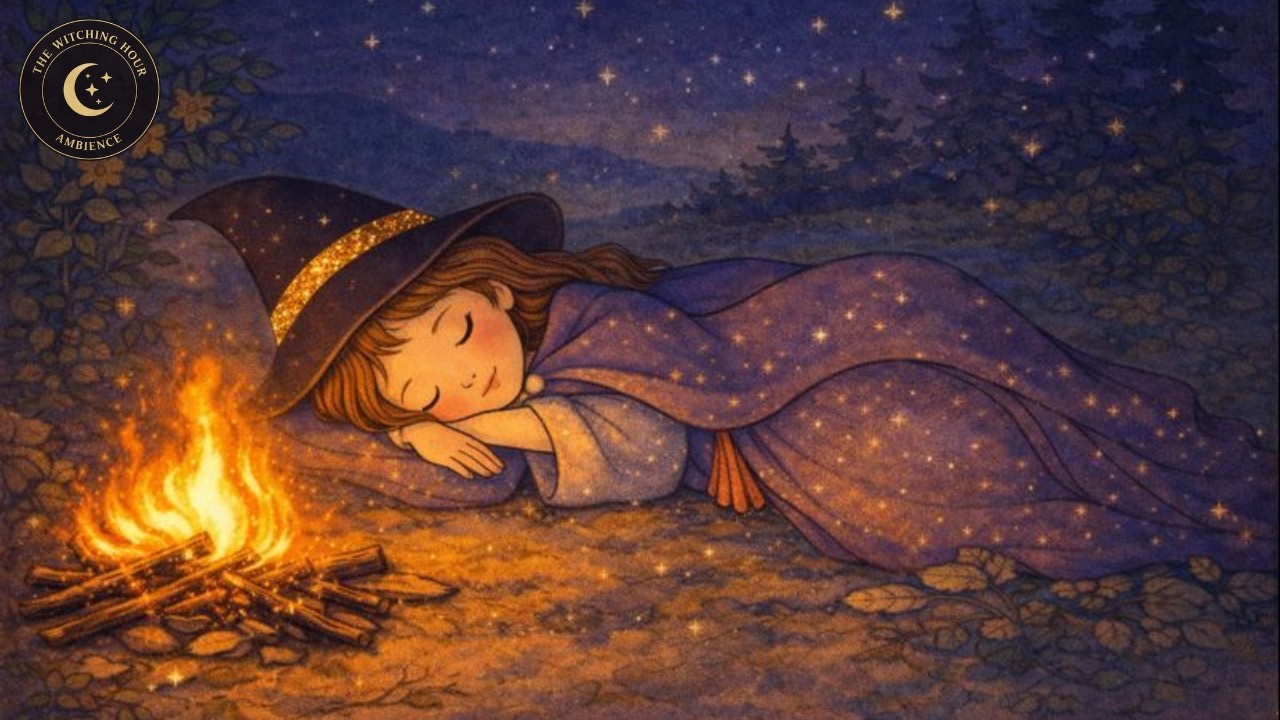 Sleeping Witch in an Cozy Forest | Crackling Fire & Forest Sounds  | 9 Hours | Ambient Screen