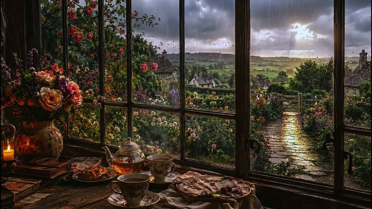 Golden Rain at the Cottage | Cozy English Countryside Ambience 🌧️☕✨