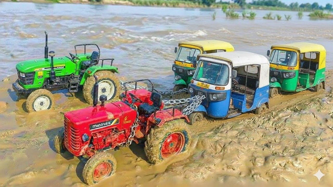 Mahindra and Swaraj tractor muddy accident pulling out Auto Rickshaw l tractor auto rickshaw cartoon