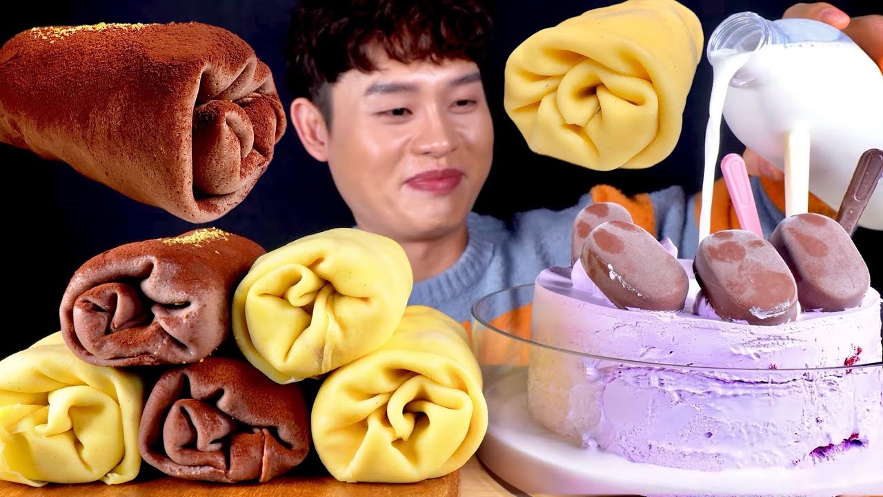 ASMR 수건케이크 두바이초콜릿 딸기생크림 수건케이크와 블루베리케이크 우유 말아먹방~! Dubai Chocolate Cake With Blueberry Cake MuKBang~!!