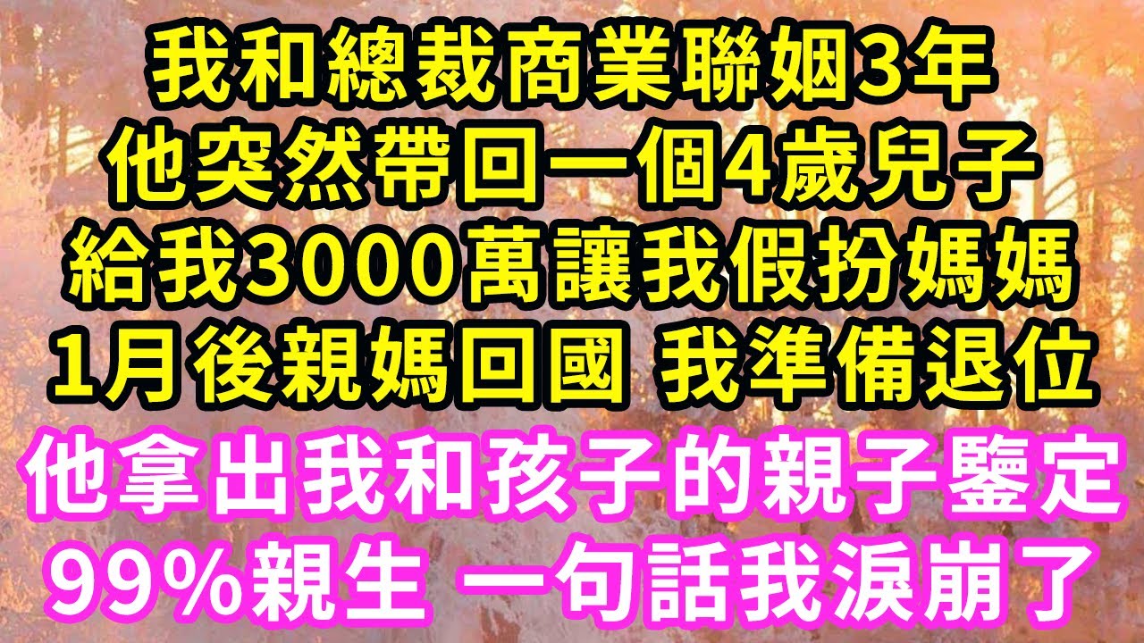 我和總裁商業聯姻3年，他突然帶回個4歲兒子，給我3000萬讓我假扮媽媽，1月後親媽回来我退位，他卻遞出我和孩子的親子鑒定，99%亲生 一句話我淚崩#甜寵#灰姑娘#霸道總裁#愛情#小嫻說故事#暖風故事匯