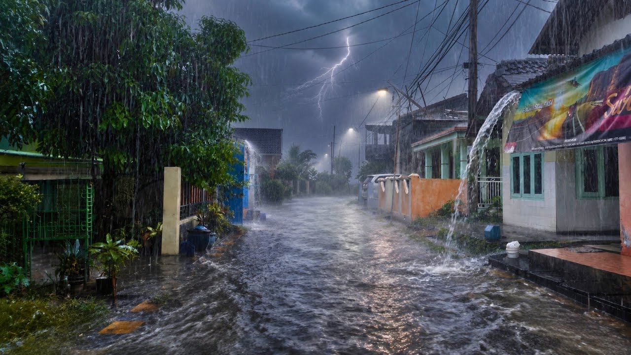 Walking in Heavy Rain Thunderstorm in the Village life Flash flood Warning | rain in Indonesia
