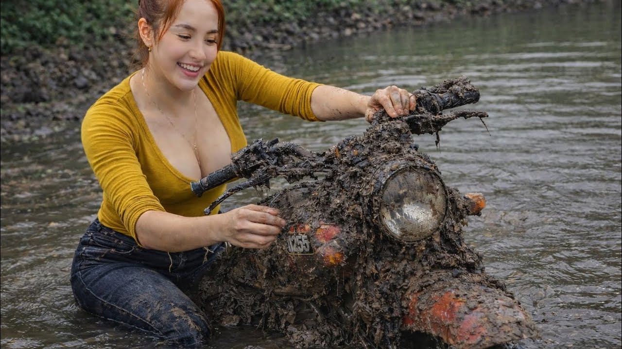 Beautiful Female Mechanic Finds Buried 125cc Motorcycle Under Water &ndash; Full Restoration!