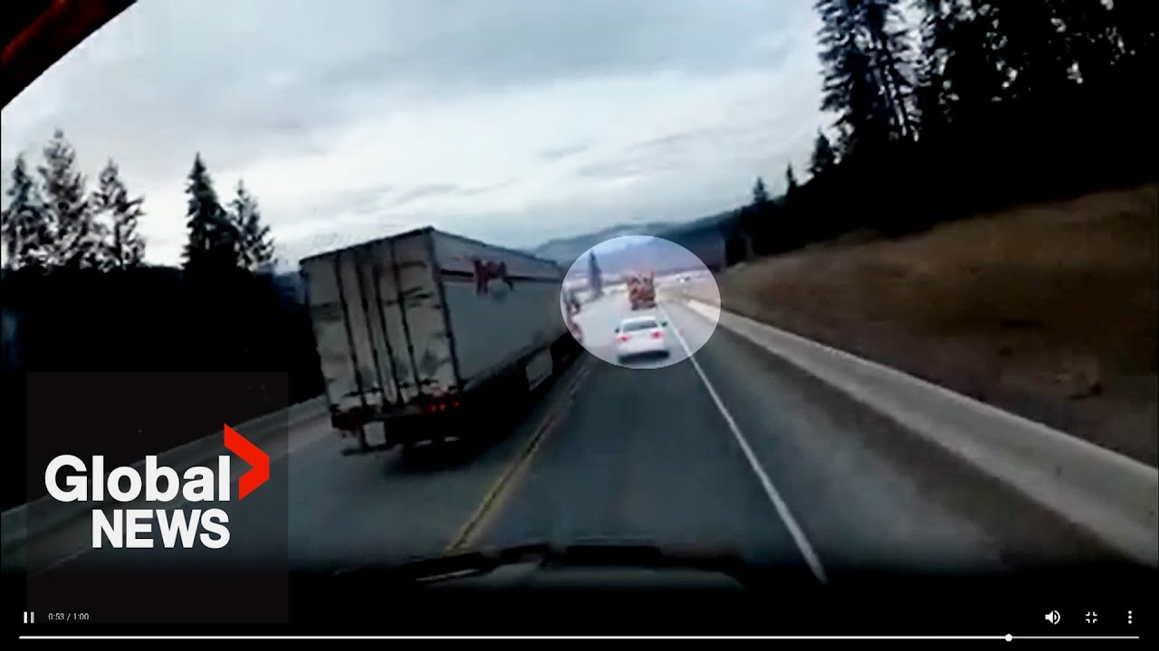 Dangerous, illegal pass by semi-truck on BC's Highway 5 caught on video
