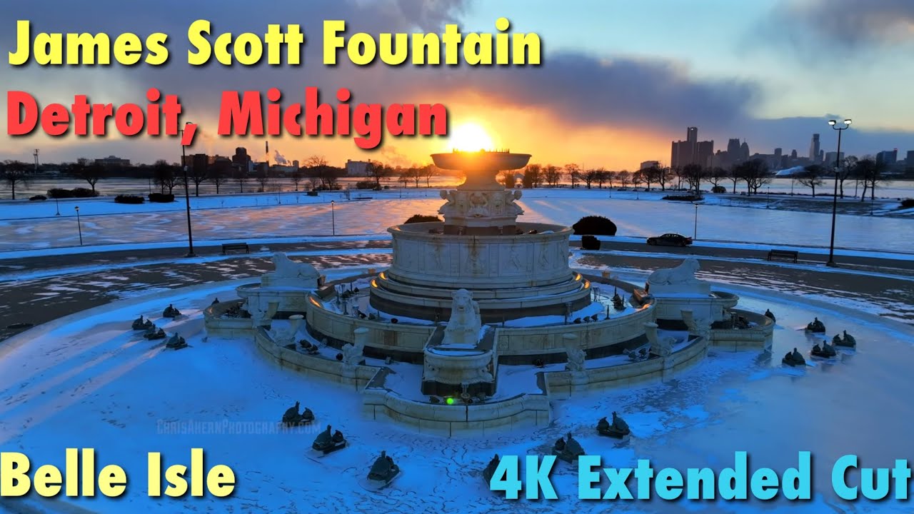 James Scott Memorial Fountain at Sunset | Belle Isle Winter Drone 4K | Cinematic Aerial Footage