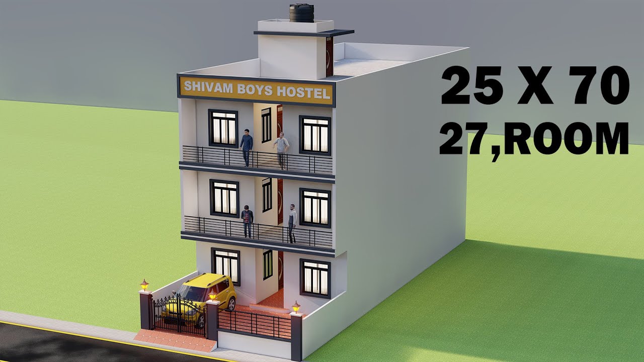 27 Room Boys Hostel ,25x70 में  तीन मंजिल का Hostel Design