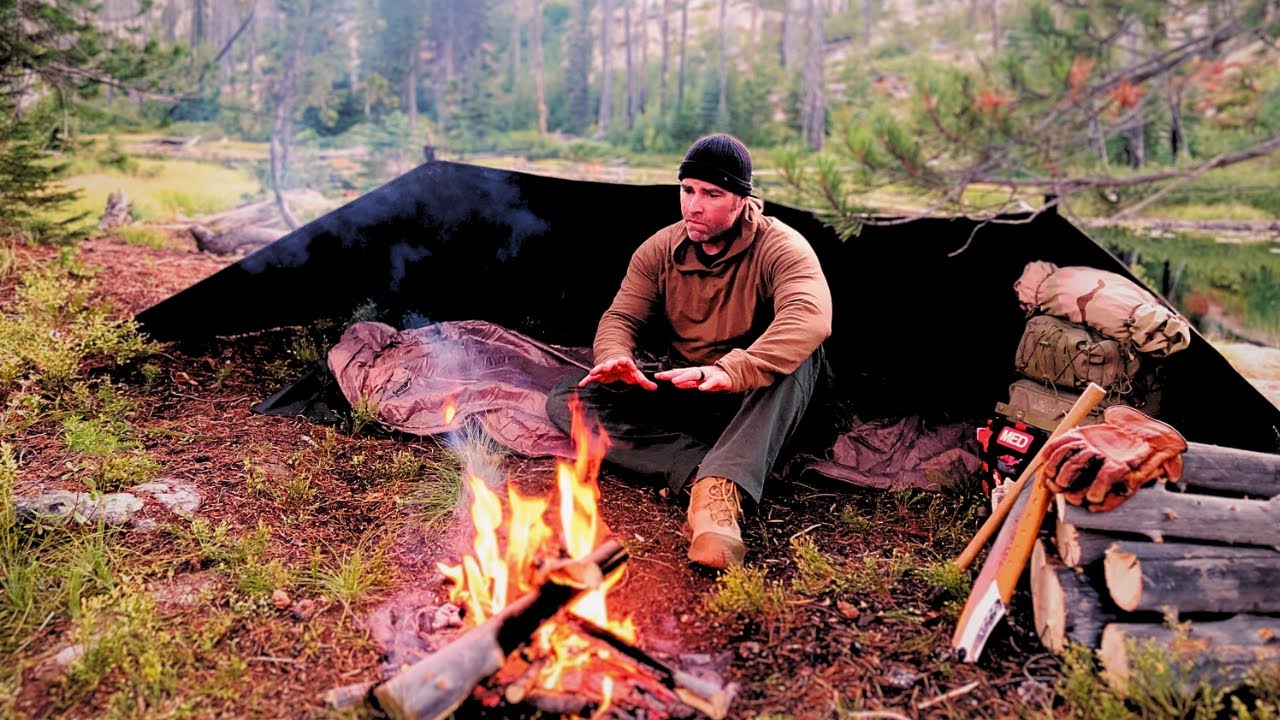 Alpine Lake Solo Camping Night - Bushcraft, Fire, Shelter