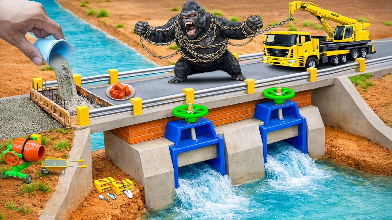Mini Tractor Rebuilds a Strong Brick & Concrete Bridge After King Kong Destruction!@MinMinTractor