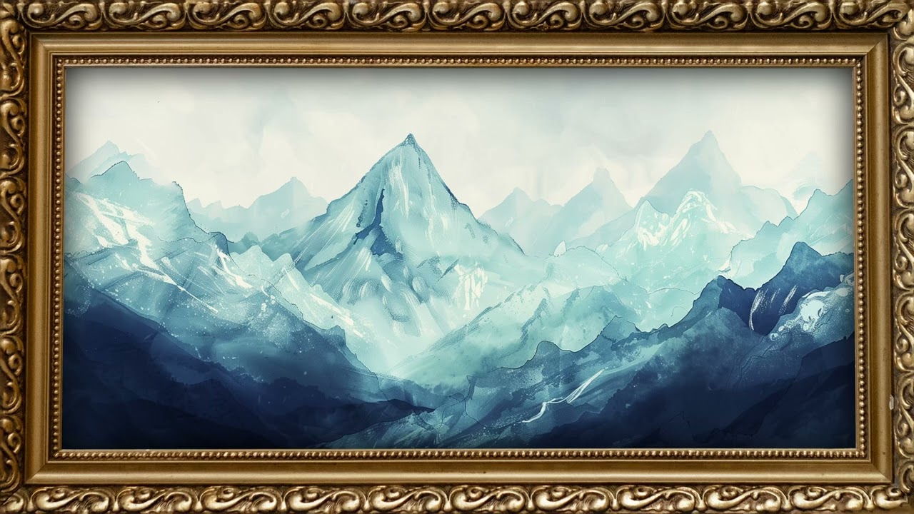 Misty Blue Mountains with Gold Frame | 2 Hour 4K Watercolor Art Display