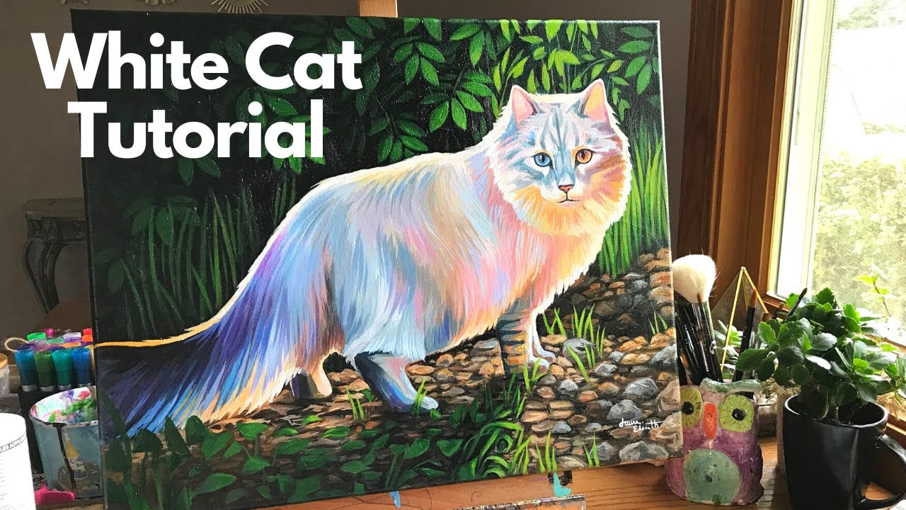 White Cat Acrylic Painting Tutorial in Rainbow Colors