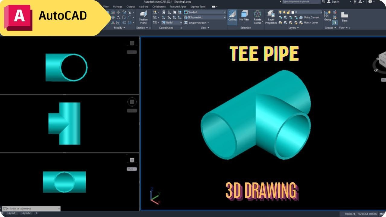 How to draw Tee Pipe 3D in Autocad