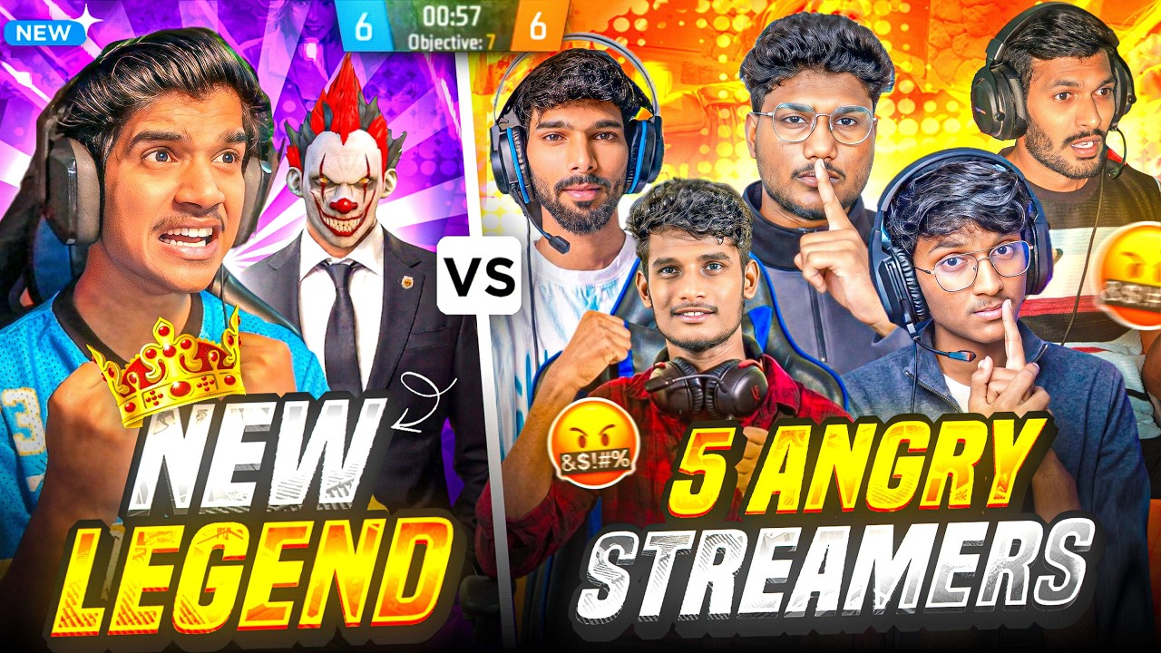 NEW LEGEND 😈 vs 5 ANGRY 😡 STREAMERS | 1 vs 5🔥| FREE FIRE TELUGU #dfg #freefire