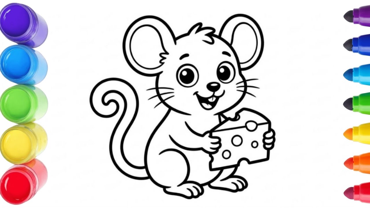 Cute Mouse Holding Cheese Coloring Page | Easy Kids Coloring Sheet